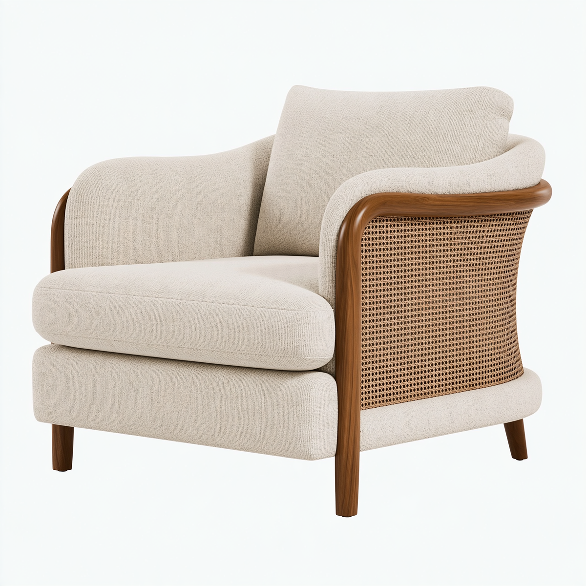 Poltrona 82 x 78 x 84 cm in tessuto beige con legno e cannage intrecciato stile naturale