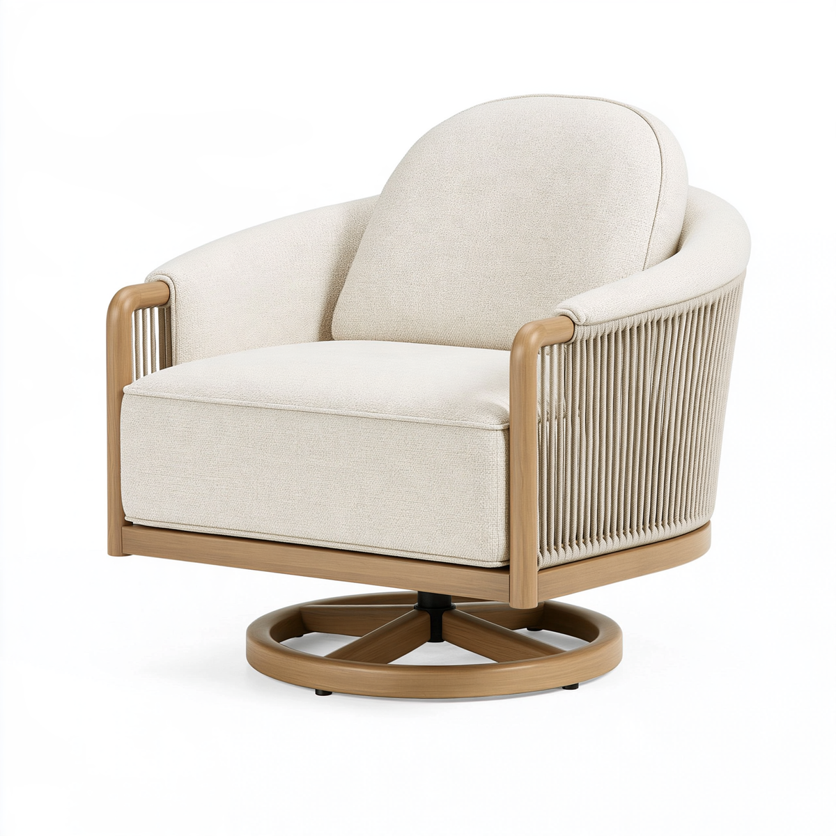 Poltrona girevole 80 x 85 x 95 cm in tessuto bouclé avorio e legno naturale - stile moderno