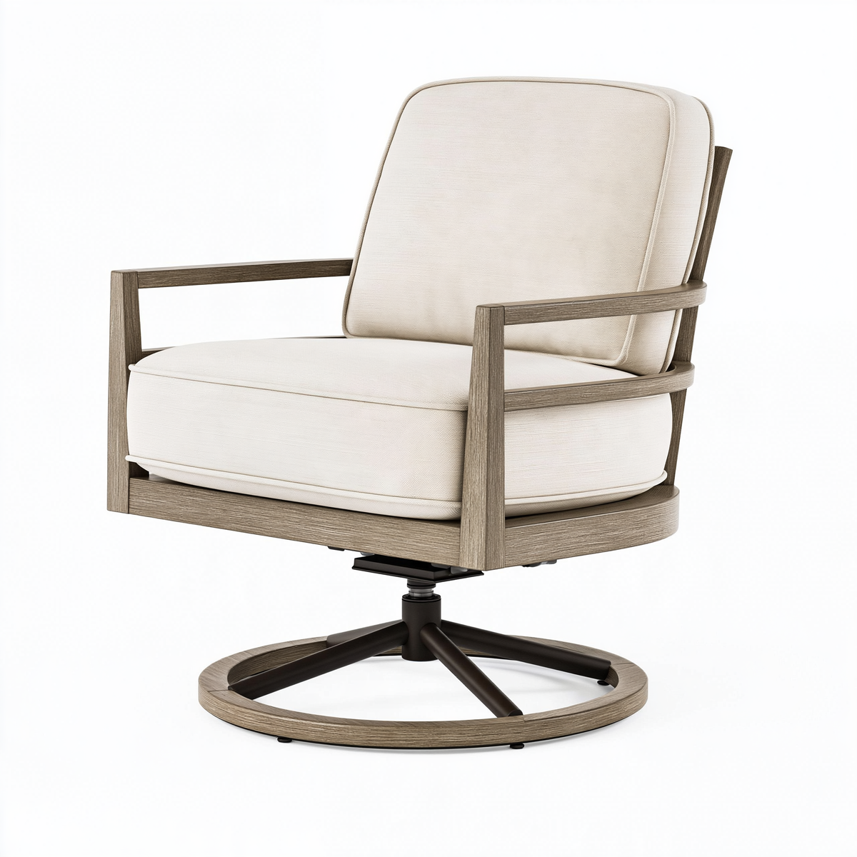 Poltrona girevole 76 x 82 x 91 cm in tessuto beige e legno marrone con braccioli