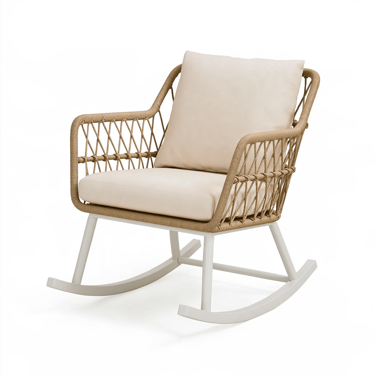 Sedia a dondolo 72 x 88 x 98 cm in corda beige con struttura in metallo per esterno