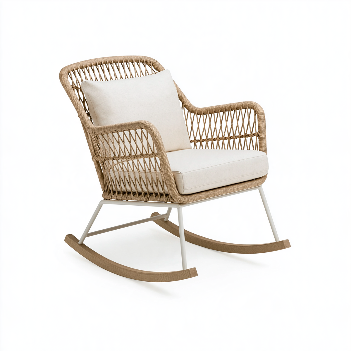 Sedia a dondolo 75 x 90 x 100 cm in corda beige con struttura in metallo e pattini in legno stile naturale