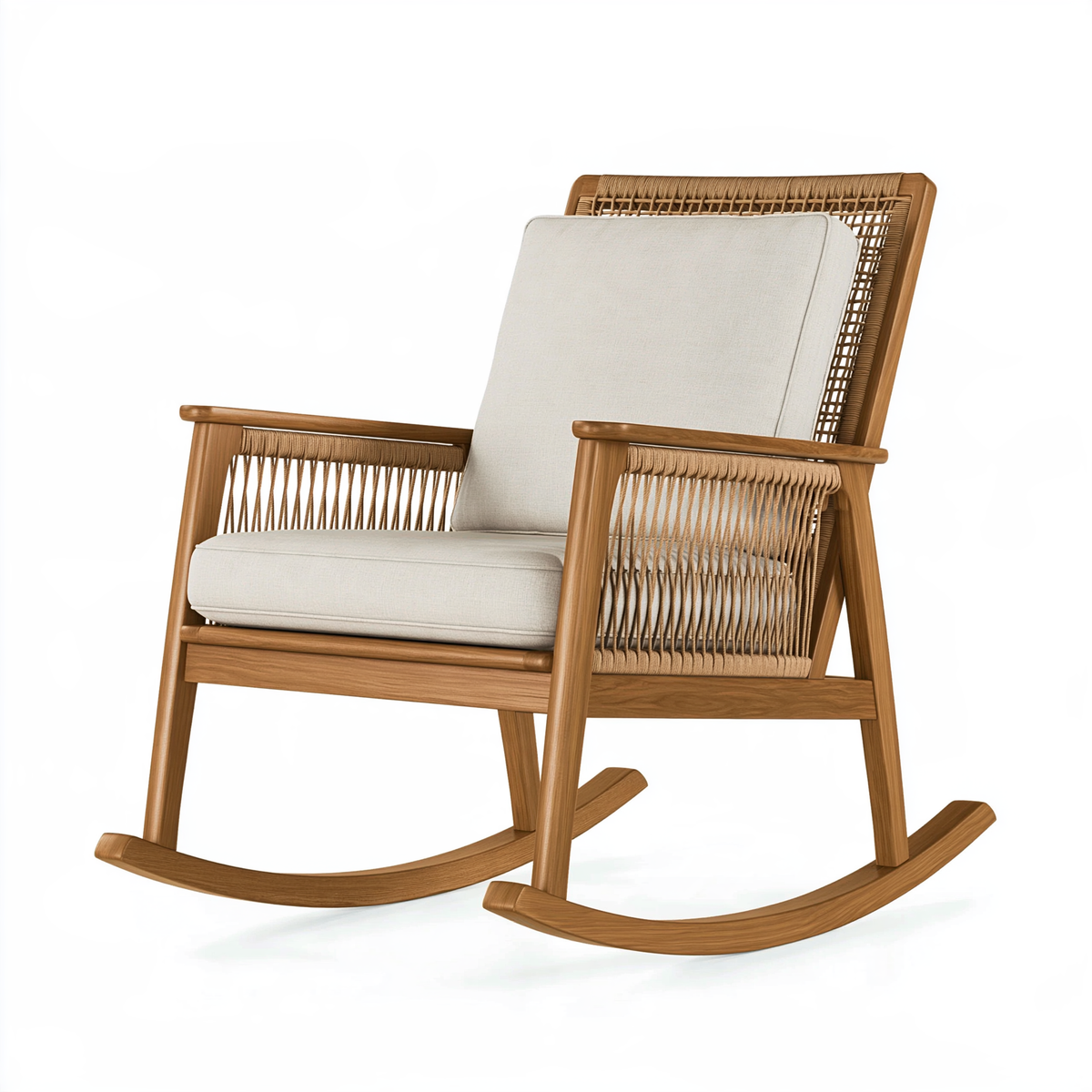 Sedia a dondolo 70 x 95 x 100 cm in legno marrone e corda intrecciata con seduta beige