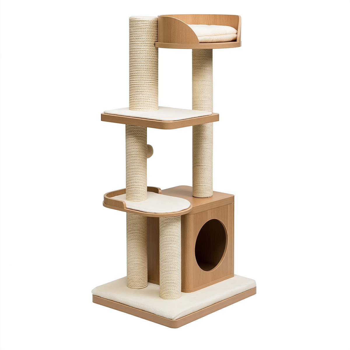 Albero tiragraffi per gatti 60 x 60 x 170 cm in legno beige con colonne in sisal e cuccia