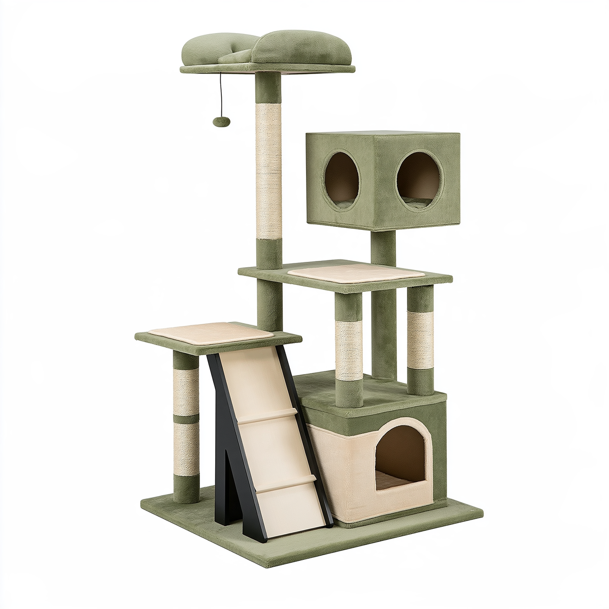 Albero tiragraffi per gatti 60 x 50 x 170 cm in tessuto e sisal verde beige con cuccia e piattaforme
