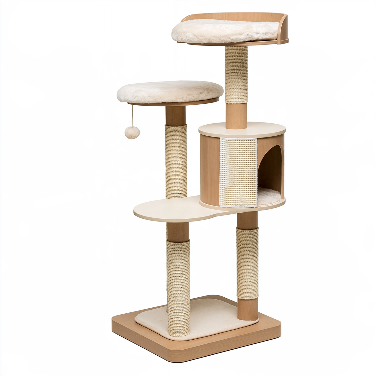 Tiragraffi per gatti 60 x 50 x 170 cm in legno beige con colonne in sisal e cuccia multipiano