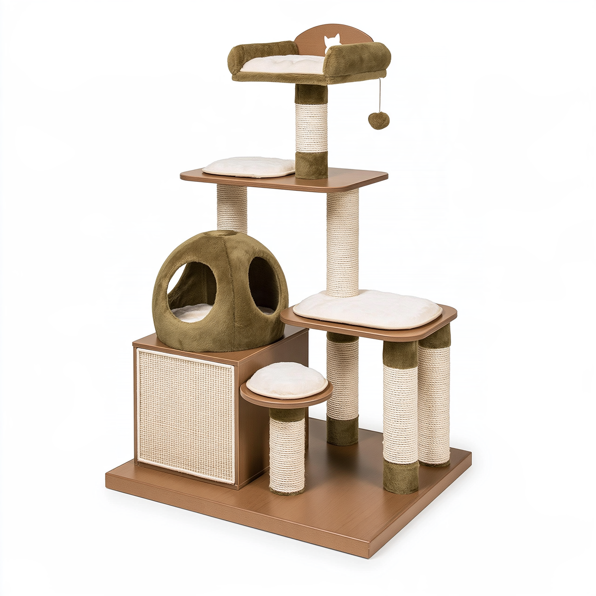 Albero tiragraffi per gatti 60 x 60 x 145 cm in legno marrone e peluche verde con cuccia e colonne in sisal