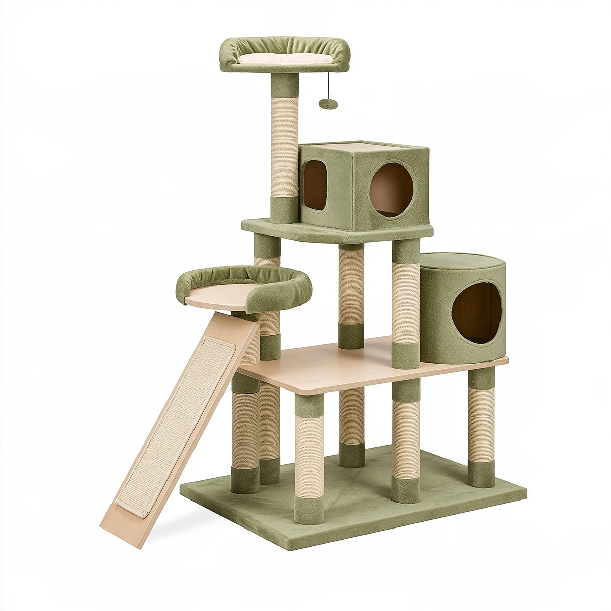 Tiragraffi per gatti 60 x 60 x 170 cm verde e beige in tessuto con pali in sisal - struttura multilivello con cucce e rampa